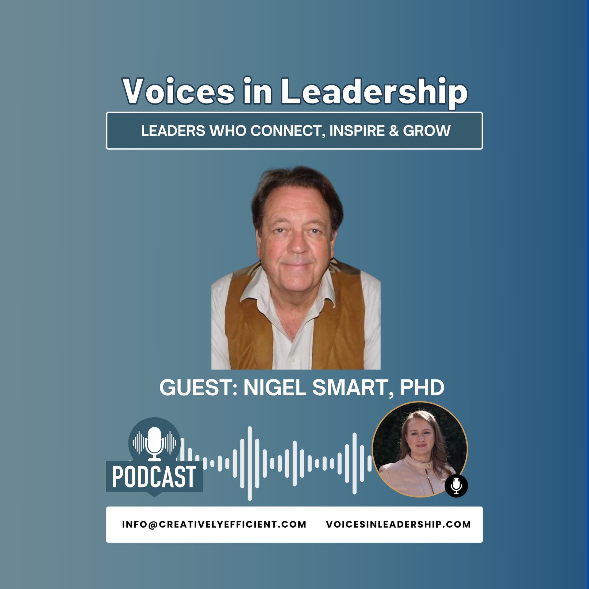 Graphic with podmic, title, guest image Nigel Smart, PhD and host, Dr. Angela J. Buckley